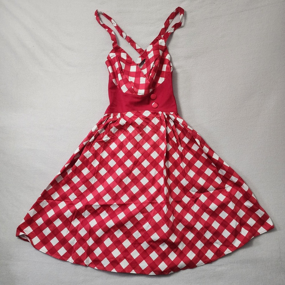 Pinup Couture Gingham Dress Flare Plaid Medium Red 50s Retro Rockabilly Vanity